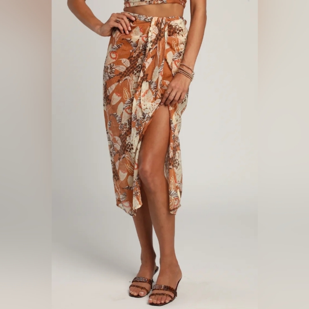 Lulus NWT Something Wild Brown Multi Print Twist-Front Midi Skirt Size Large